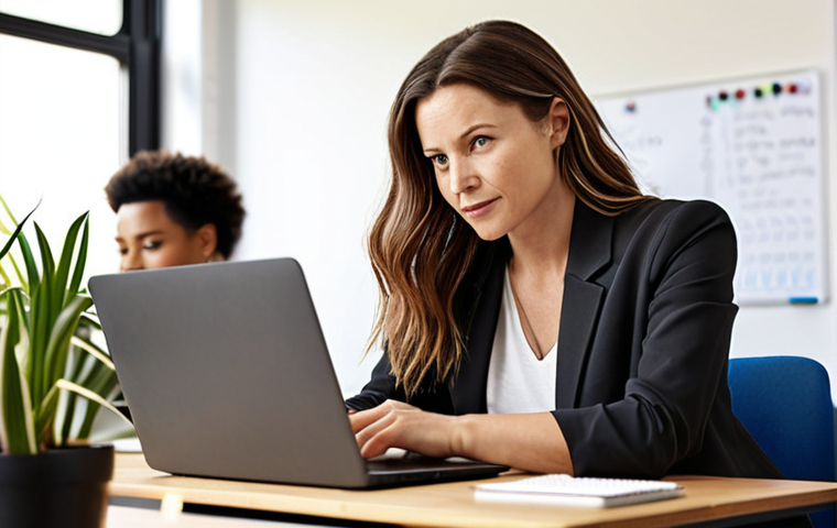 **
Prompt: A confident woman, mid-career, working on a laptop in a bright, modern co-working space. Focus on her determined expression and the collaborative atmosphere. Background elements include diverse people networking, brainstorming on whiteboards, and plants. Style: Realistic, professional, inspiring.
**