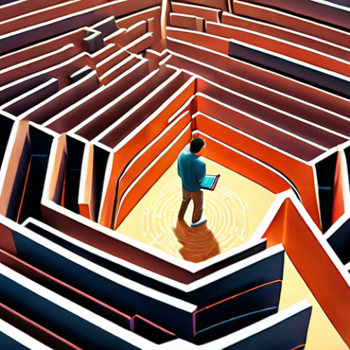 Home 18 **"A person confidently navigating a complex maze filled with books and digital screens, representing self-directed learning, bright and empowering, illustration."**