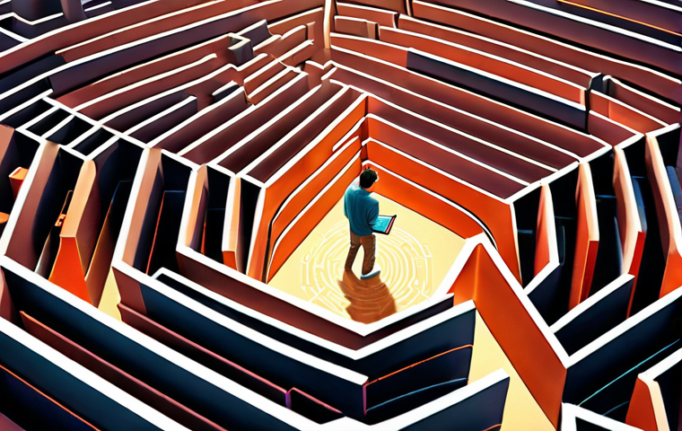 **"A person confidently navigating a complex maze filled with books and digital screens, representing self-directed learning, bright and empowering, illustration."**