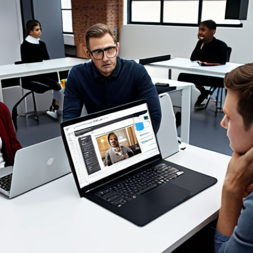 Home 8 **A coach empathetically listening to a student in a modern co-working space, both surrounded by laptops and communication software interfaces, highlighting active listening and empathy.**
