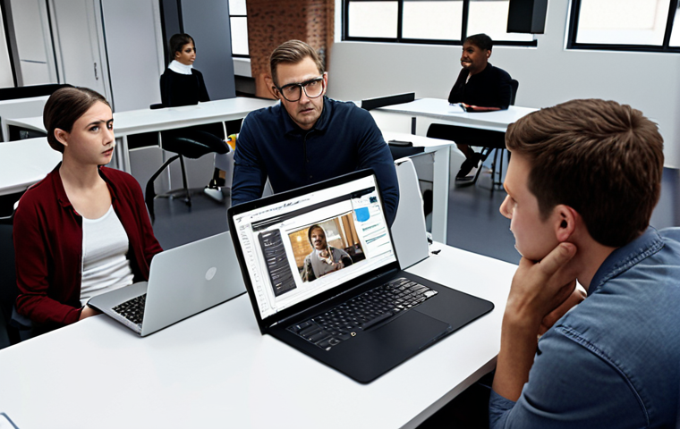 **A coach empathetically listening to a student in a modern co-working space, both surrounded by laptops and communication software interfaces, highlighting active listening and empathy.**