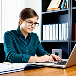 **

A bright and organized home office space, fully clothed student studying at a desk with books and a laptop, wearing glasses, natural lighting, bookshelves in the background, displaying organizational tools like notebooks and calendars, promoting a productive learning atmosphere, safe for work, appropriate content, fully clothed, modest, professional, perfect anatomy, correct proportions, natural pose, well-formed hands, proper finger count, natural body proportions, high quality.

**