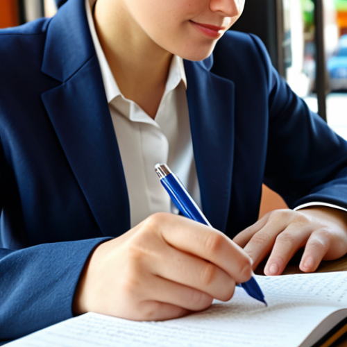 Career Values & Self-Discovery**

"A young professional, fully clothed in modest business attire, thoughtfully writing in a journal in a sunny cafe. Background: books on self-improvement and career guides. Focus on capturing a moment of introspection and planning. Safe for work, appropriate content, professional, family-friendly, perfect anatomy, correct proportions, natural pose, well-formed hands, proper finger count, natural body proportions, high resolution, detailed."

**